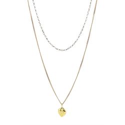 Gold heart pendant necklace and a white gold necklace, both 9ct hallmarked or tested