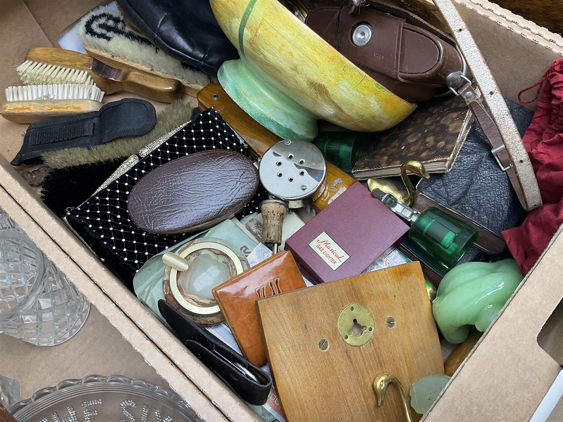 Onyx box with claw feet, together with gilt framed mirror, cut glass vase and other collectables, in three boxes 
