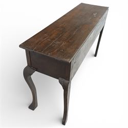 Late 19th century Jacobean revival oak side table, plank top with moulded edge over a central cupboard door and two frieze drawers carved with geometric lozenge motifs and framed by bobbin turned uprights, fitted with brass drop handles, raised on shaped cabriole supports with block feet