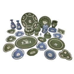 Collection of Wedgwood Jasperware to include sage green examples, lidded boxes, dishes, vases etc, all with impressed marks beneath