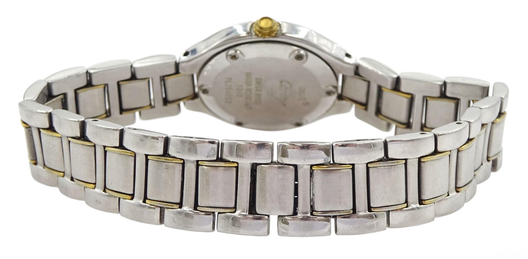 Must De Cartier 21 ladies bi-metal stainless steel quartz wristwatch, Ref. 1340, silvered dial with an inner minute track and Roman numeral bezel, on integrated bi-metal bracelet