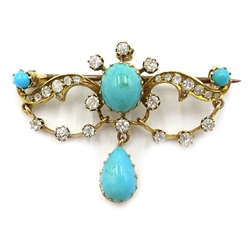  Gold diamond and turquoise brooch, stamped 15ct  