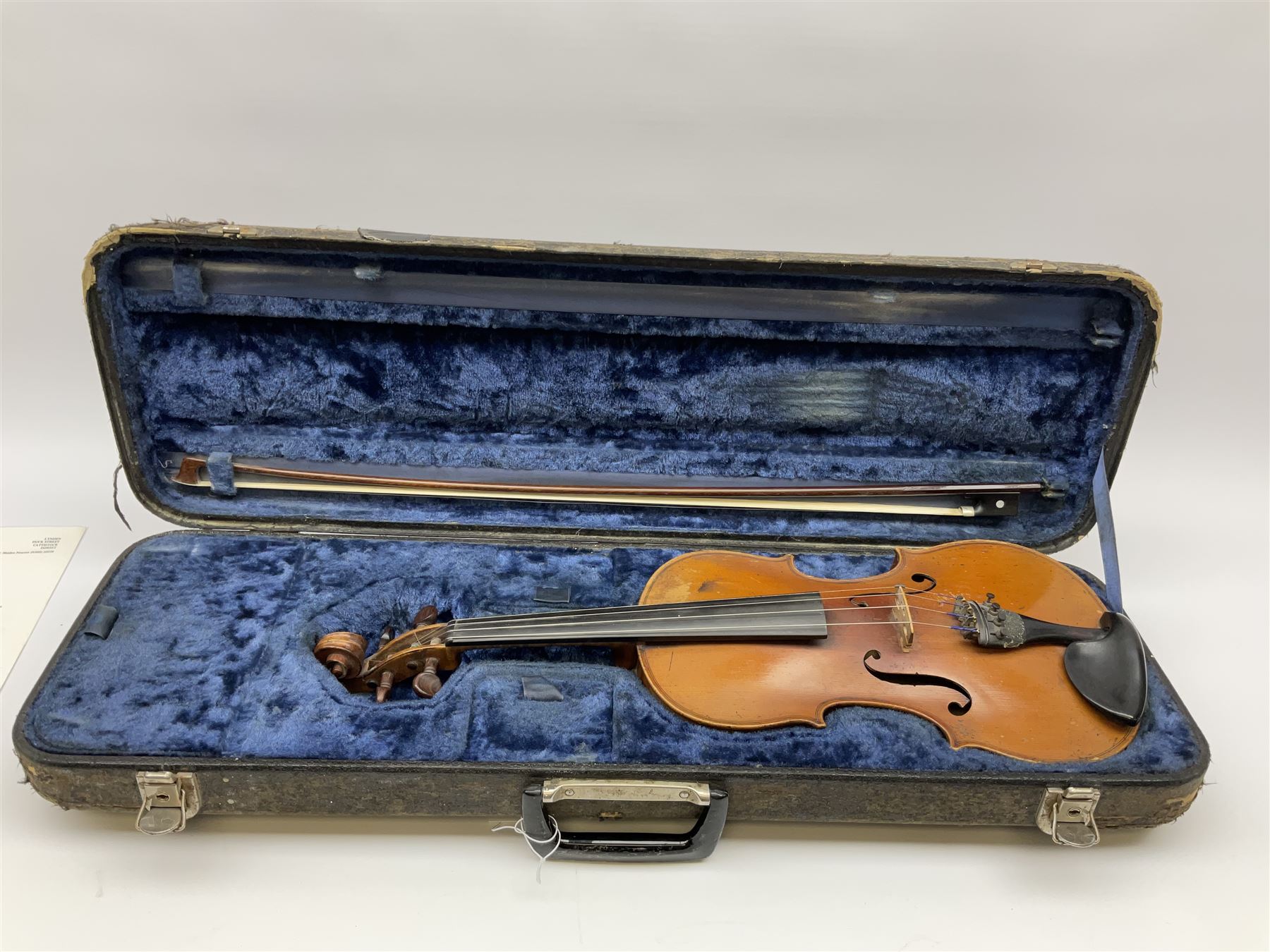 French Mirecourt violin c1920s with 36cm one-piece maple back and ribs and spruce top, labelled Jermone Thibouville-Lamy, L59cm, in fitted carrying case with German bow and 1984 valuation certificate by Frome Valley Music