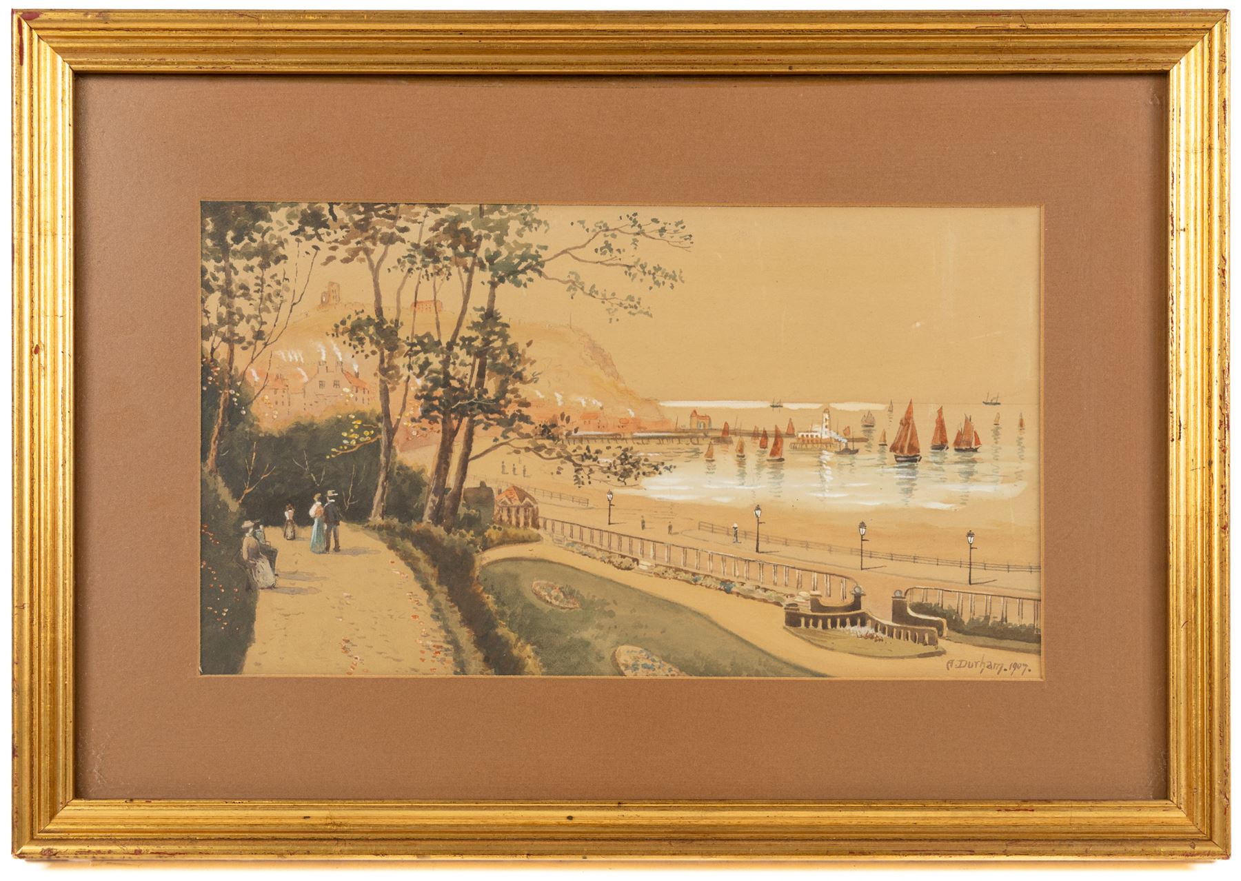 Austin Smith (British fl.1913-1928): Sailboats off Scarborough, pair of watercolours signed; together with Alfred Durham (British 19th century): Coastal Views of Scarborough, set of three watercolours heightened with white signed and one dated 1907 max 18cm x 32cm (5)