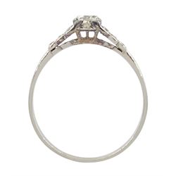 Art deco 18ct gold round cut diamond ring, with milgrain set stepped diamond shoulders, principle diamond approx 0.33 carat