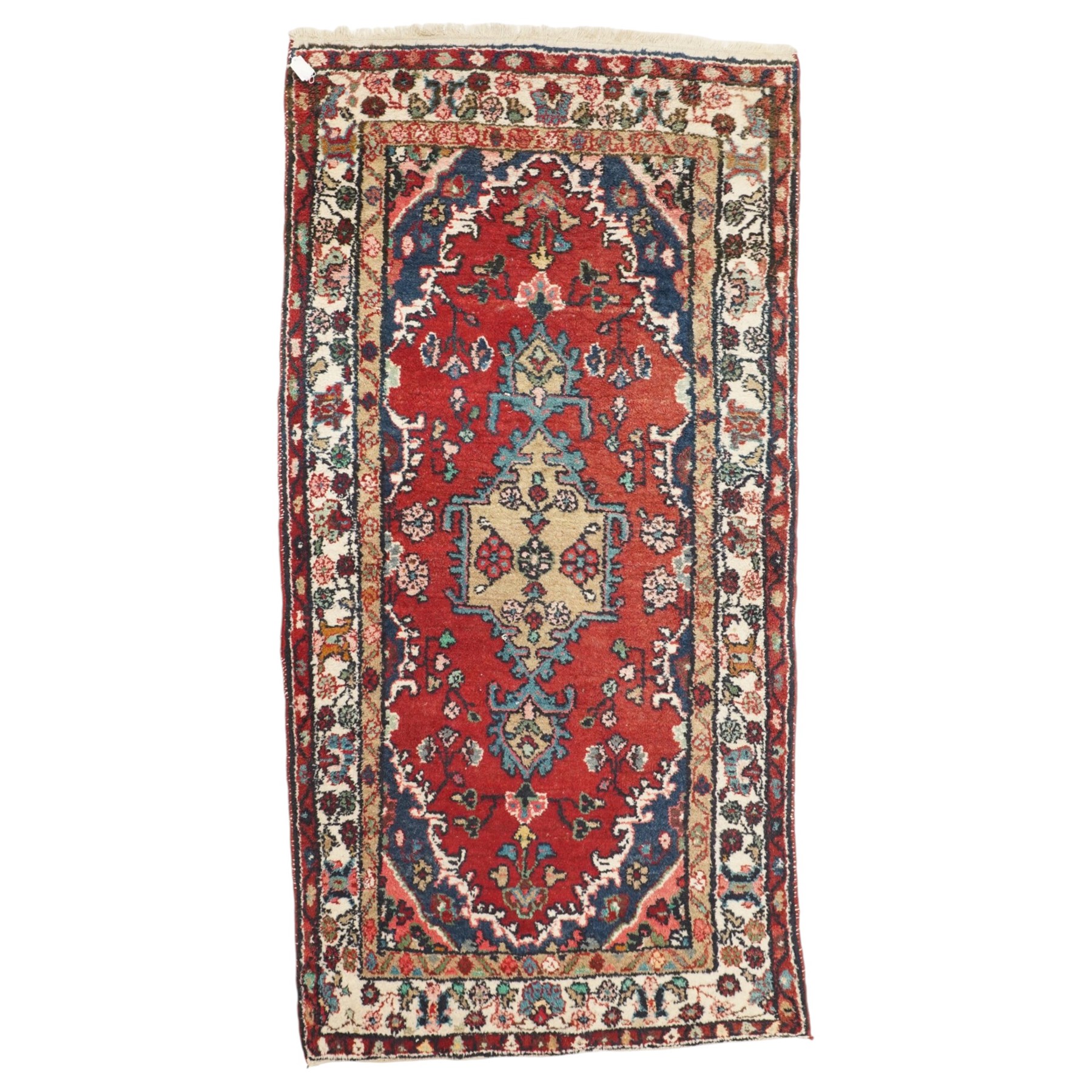 Small Persian crimson ground Hamadan rug, decorated with central medallion surrounded by stylised foliate motifs with repeating guard lines