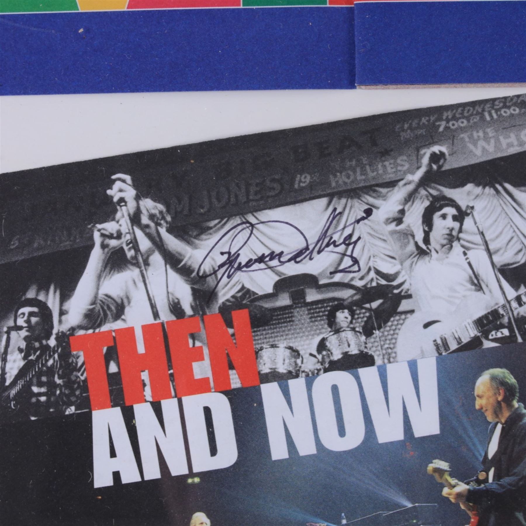 The WHO 'Then & Now' framed album insert, signed by Roger Daltrey and Pete Townshend, The WHO's Pete Townshend signed framed photograph, together with a  first edition of his autobiography 'Who I Am', largest frame H44cm