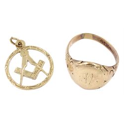 Rose gold signet ring and a gold Masonic pendant, both 9ct