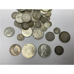 World coins, mostly in silver, including Queen Victoria India 1891 one rupee, Mexico 1892 eight reales, South Africa 1896 two shillings, King George VI South Africa 1944 two and a half shillings, King George V Australia 1927 one florin, Queen Elizabeth II Canada 1958 and 1966 dollars etc, gross weight approximately 560 grams