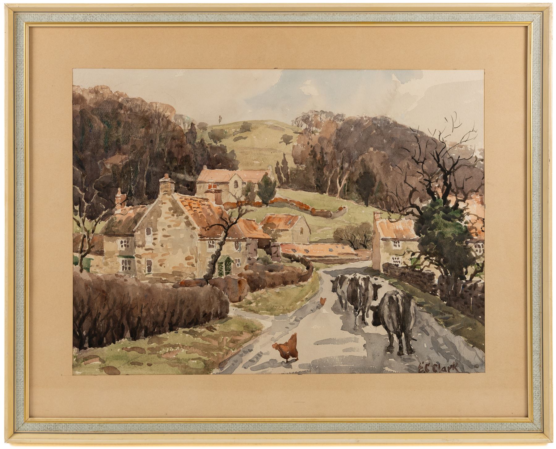 E C Clark (British 20th Century): 'Rievaulx Village', watercolour signed, titled verso 36cm x 49cm