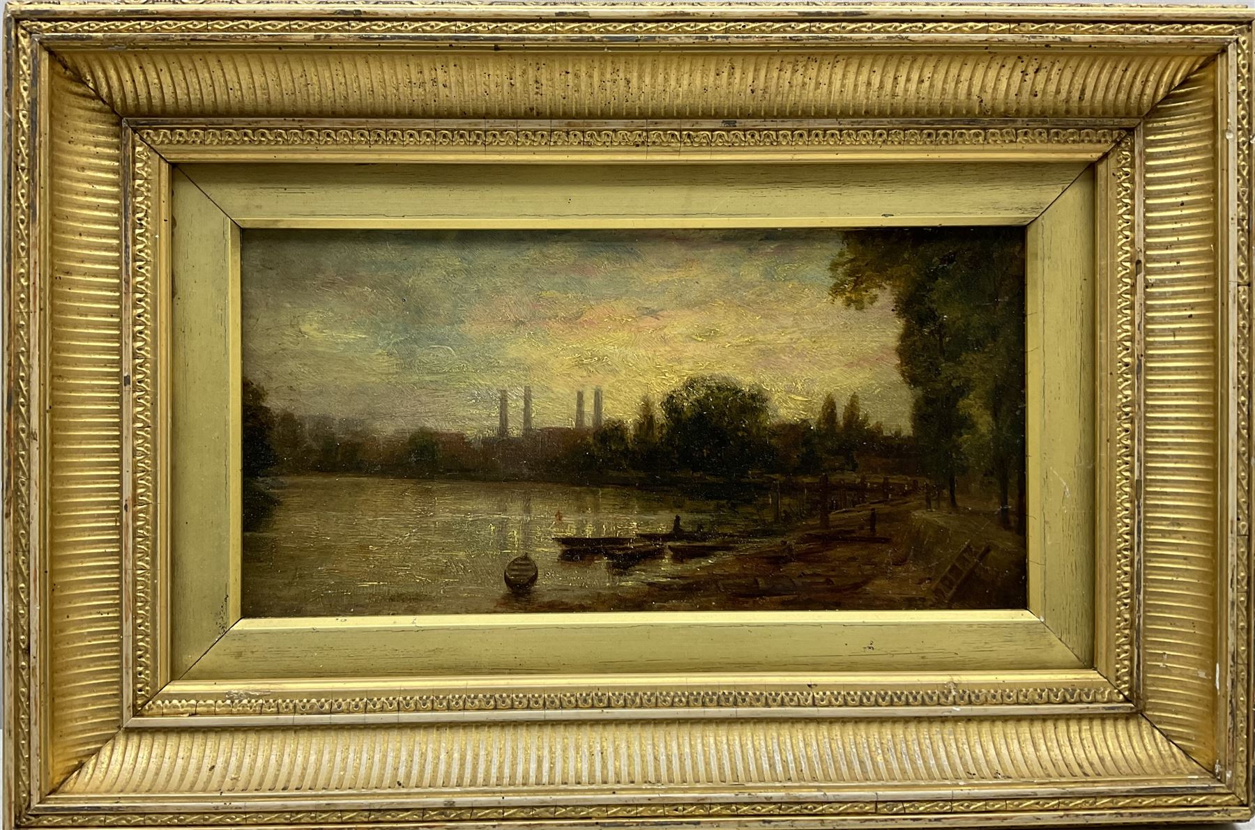 Walter G Reynolds (British exh.1880-1885): 'The Thames at Hammersmith', oil on board, titled with artist's address verso 13cm x 25cm