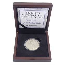 Queen Victoria 1847 Gothic crown coin, 'Undecimo' edge, cased with Westminster certificate