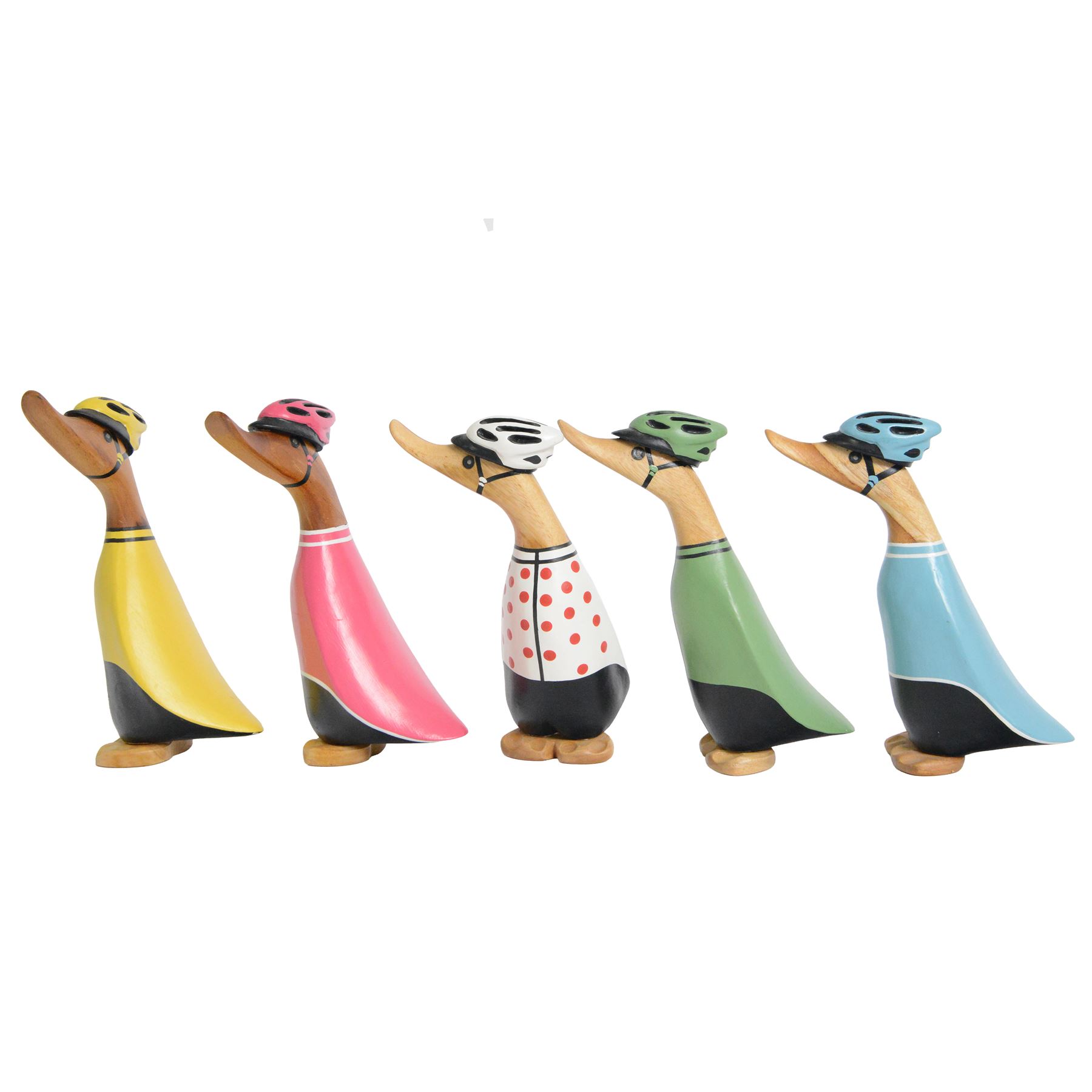 Dcuk, five wooden ducks, in cycling outfits and helmets, H20cm