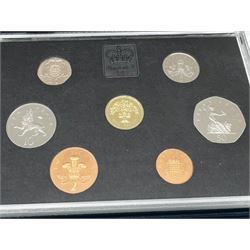 Nine The Royal Mint United Kingdom proof coin collections, dated 1983, 1984, 1985, 1986, 1987, 1988, 1989, 1990 all cased, with certificates and 1991 cased no certificate

