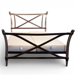 And So To Bed - ‘Aphrodite’ 5' king size bedstead, chrome finished frame with cylindrical uprights, trompe l’oeil leather cross-braced headboard and footboard with X-frame stretchers, on tapering chrome supports