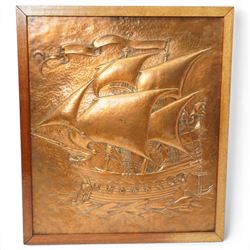 Arts and Crafts Newlyn style copper panel with repousse decoration of a sailing ship 46cm x 39cm, frames, 19th century copper coal helmet, brass coal helmet and brass jug