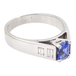 White gold sapphire and diamond ring, single stone radiant cut sapphire of approx 0.65 carat, with two baguette cut diamonds set either side, hallmarked 9ct
