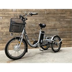 Alpine electric tilt trike - power assisted with throttle (no need to pedal), 15.5mph with 40 mile range, only 37 miles from new, silver finish, removable battery with charger, YoungDo gell seat with cover, £2749 new.