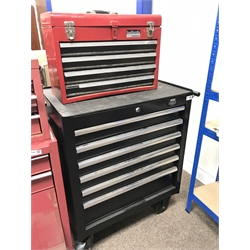 Halfords Advanced six drawer tool chest on castors with a quantity of various hand tools and a Halfords Professional tool chest, single hinged lid and four drawers
