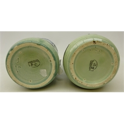  Pair Mintons Secessionist vases designed by Leon Solon and John Wadsworth, with stylized tubeline decoration, printed and impressed marks, H21cm   