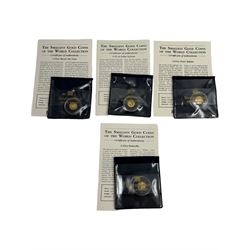 Four one twenty-fifth of an ounce 24 carat gold coins, from 'The Smallest Gold Coins of the World Collection', all with Westminster certificates (4)