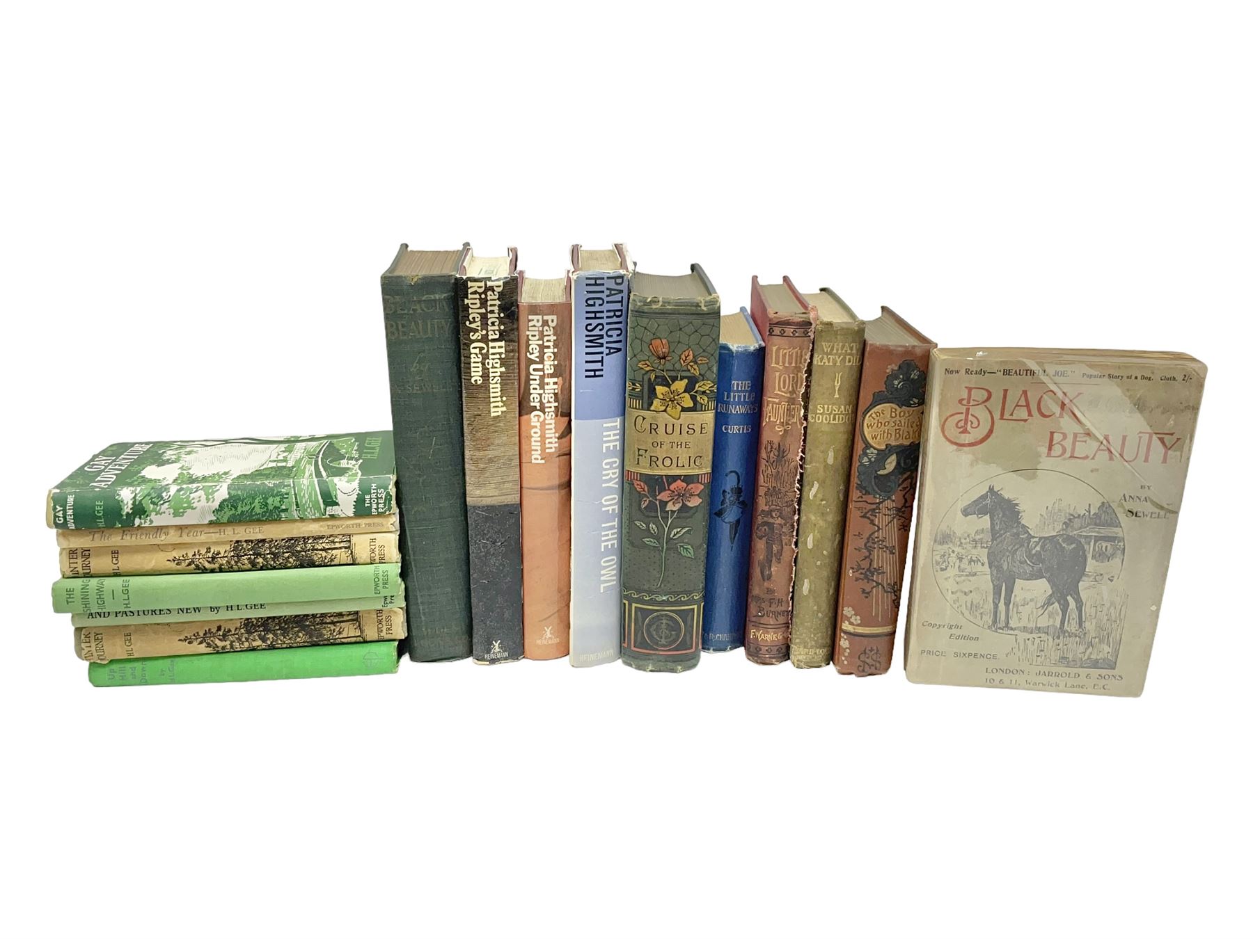 Two editions of Black Beauty by Anna Sewell - one 1899 with limp covers, the other 1915 illustrated by Lucy Kemp-Welch; seven works by Yorkshire author H.L. Gee; three novels by Patricia Highsmith; and five other books