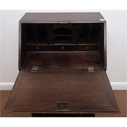  George III style narrow oak fall front bureau, four graduating drawers, bracket feet, W64cm, H103cm, D42cm  