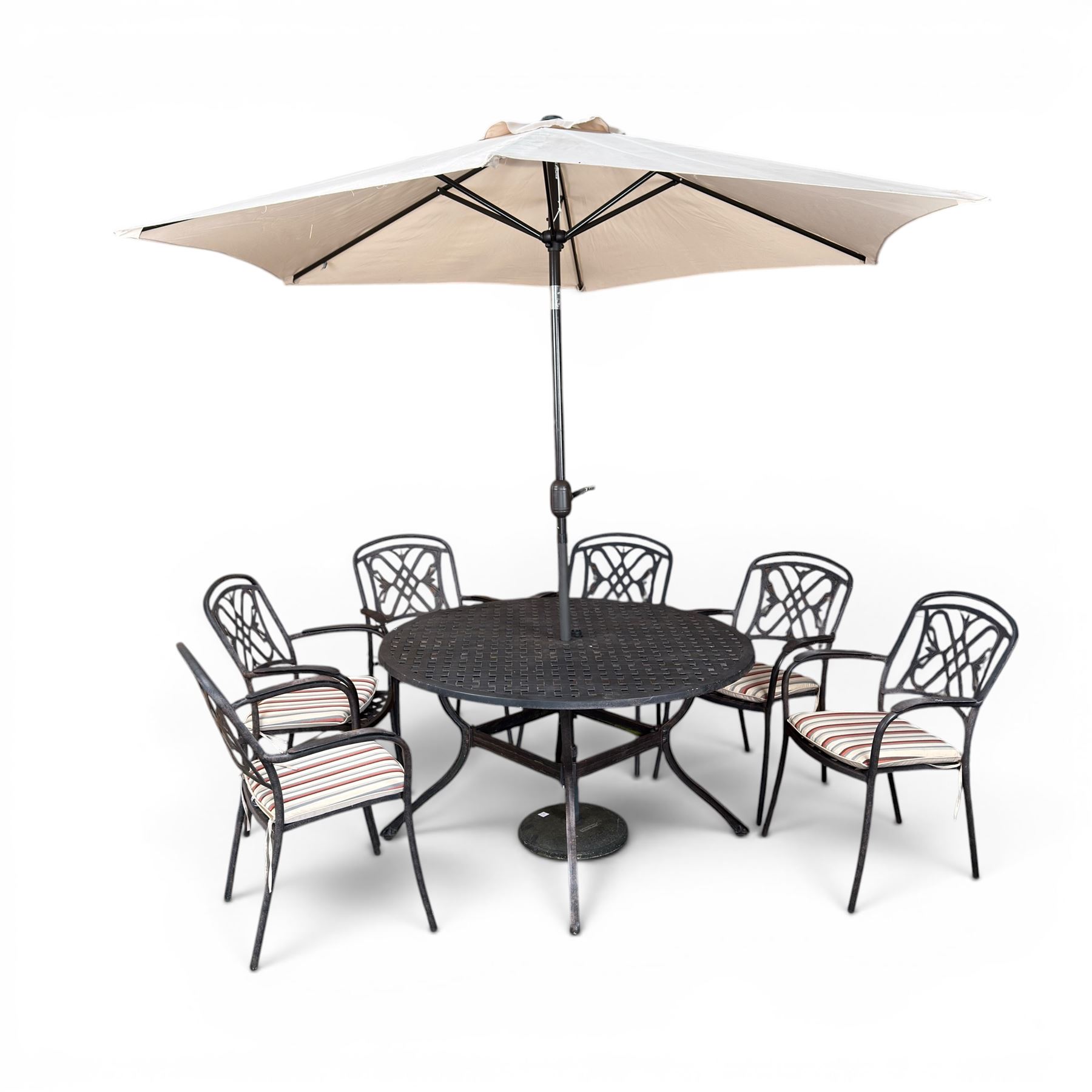 LeisureGrow - cast aluminium circular garden table, lattice design top, black finish; and six matching chairs with openwork back, complete with seat cushions and adjustable parasol