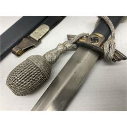 German Paul Weyersberg & Co Solingen DLV flyers dagger with 18cm steel blade, plated brass/tombac downswept cross-piece and pommel and leather covered grip, in leather and plated brass/tombac scabbard with leather hanger strap and silvered knot L35cm overall. Auctioneer's Note: After WWI Germany was forbidden an air force by the Treaty of Versailles however the Deutscher Luftsport-Verband (German Air-sport Association) was formed in March 1933 from various sports flying clubs and had branches for aeroplane, gliding and balloon flying. Under cover of the sporting DLV, many future Luftwaffe pilots trained to fly. DLV was embodied with the NSKK in March 1935 and on 1st March 1937 Luftwaffe was formed.