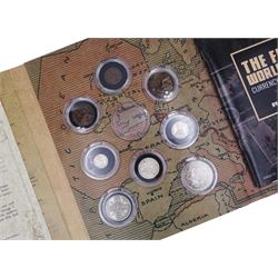 The Second World War 'Currency and Conflict' coin and banknote set including Bank of England Peppiatt one pound note 'U74D', 1942 half crown and other similar, together with three part coin sets, all in folders