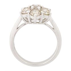 18ct white gold diamond daisy cluster ring, set with seven round brilliant cut diamonds, stamped 750, total diamond weight 2.16 carat, with World Gemological Institute report