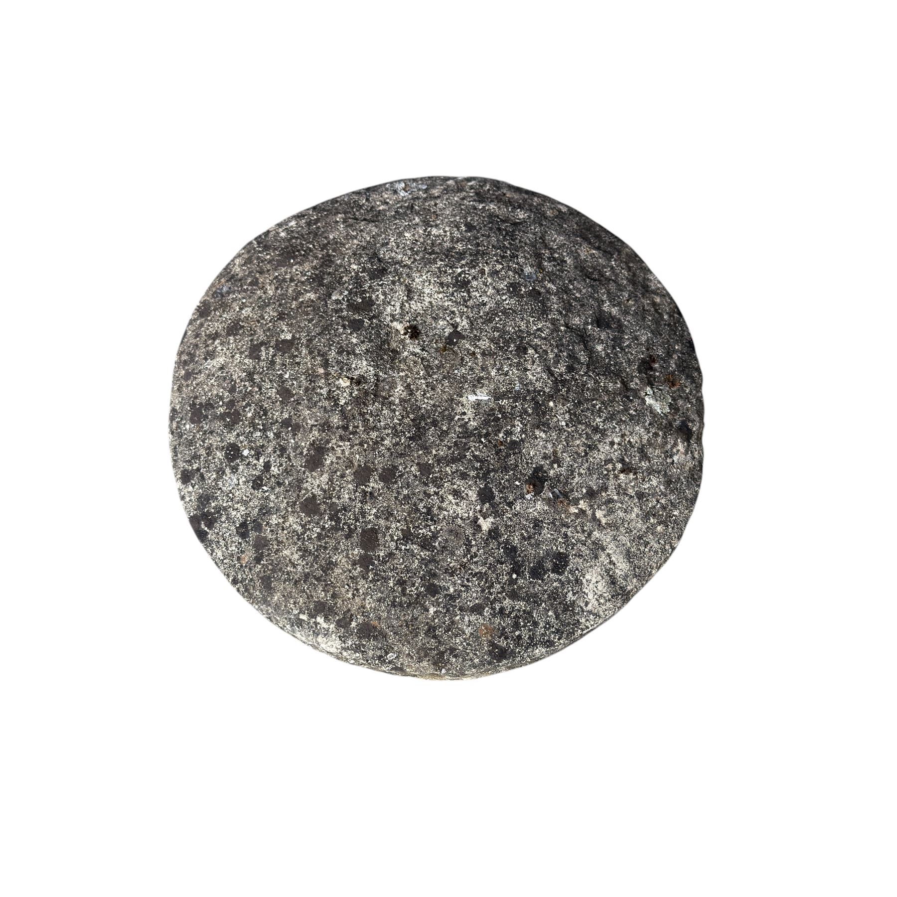 Weathered cast stone staddle stone with circular top raised on tapered base