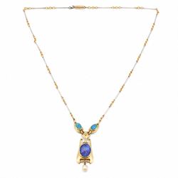 Murrle Bennett & Co Art Nouveau gold boulder opal and pearl pendant, stamped 15ct, on plat...