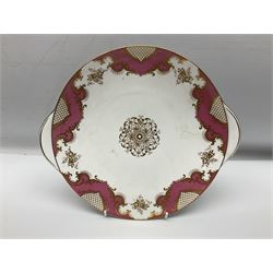 Shelley Classic pattern tea service for six, decorated with borders of pink and gilt foliate design on plain white ground, pattern no 14077, comprising eight saucers, six tea plates, cake plate, eight teacups, bowl and jug, all with printed marks beneath
