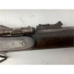 19th century D. & J. Fraser Edinburgh .577 Snider action gun, the 94cm barrel with three-groove rifling, three barrel bands and maker's name to top, full walnut stock with brass fittings, trigger guard inscribed J.D.M.,  L141cm