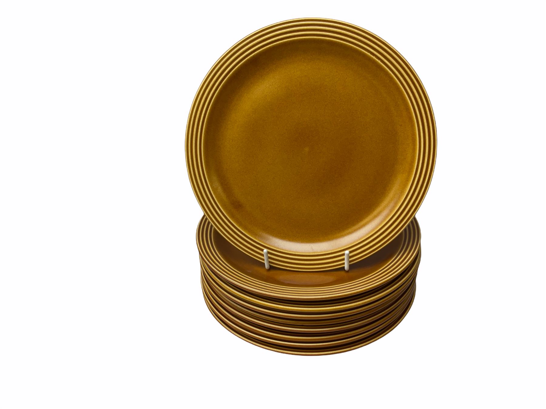 Hornsea Pottery Saffron pattern dinner and tea ware, comprising two lidded vegetable dishes, oval platter, nine dinner plates, six side plates, seven tea plates, covered tea caddy, covered coffee caddy, coffee pot, large jug, small jug, eight cups and seven saucers (45).  