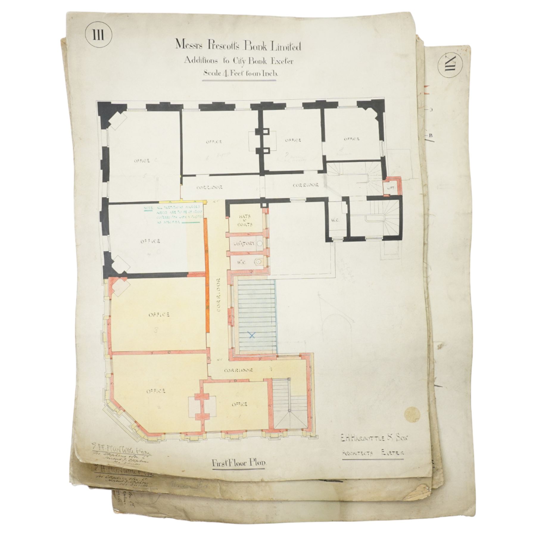  E H Harbottle & Sons Architects, Exeter - Set of architects drawings for additions to Prescott's Bank Ltd, Exeter mostly scale of 4ft to 1 inch