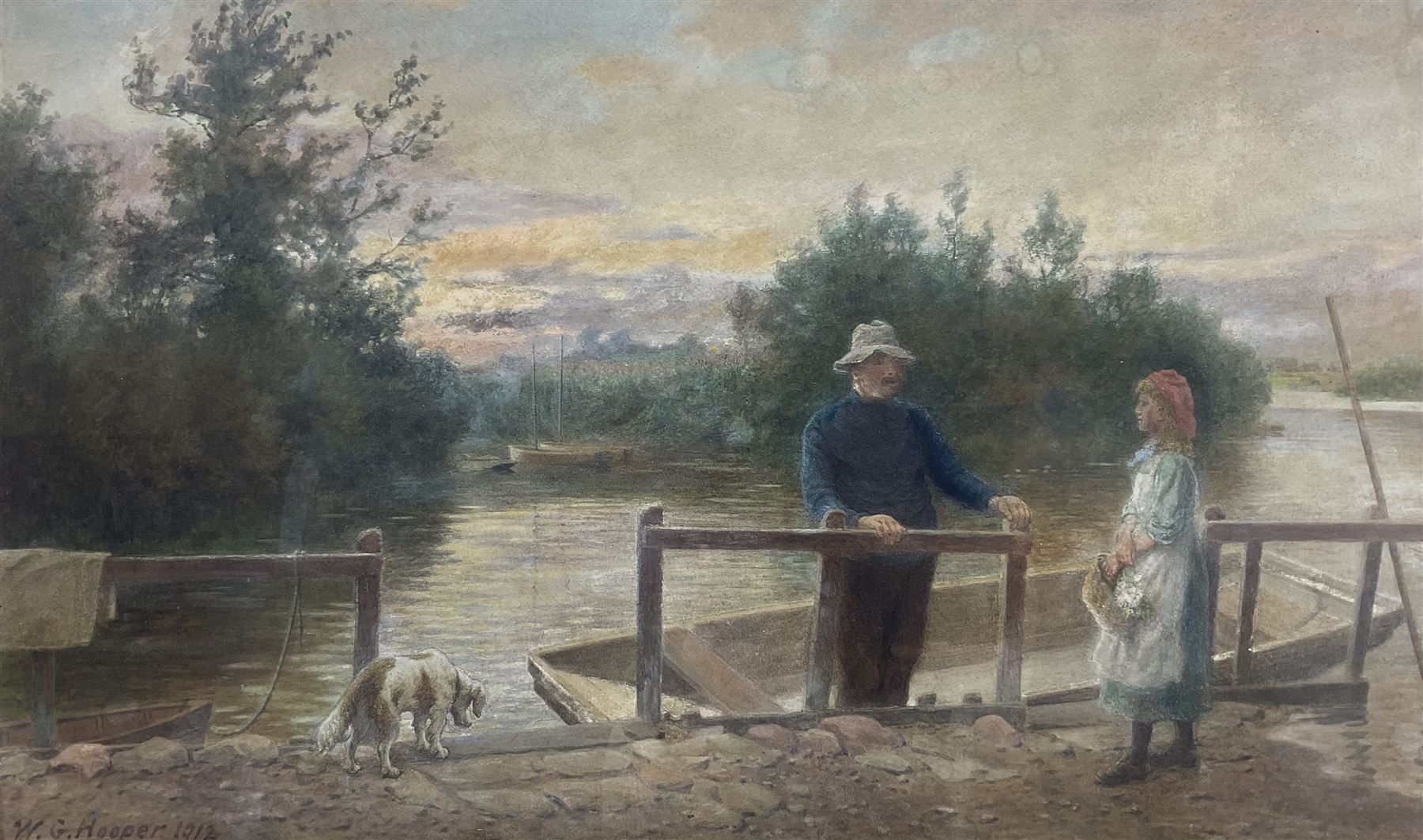 William G Hooper (British fl.1870-1912): 'Evening at the Ferry - Christchurch', watercolour signed and dated 1912, titled verso 38cm x 63cm