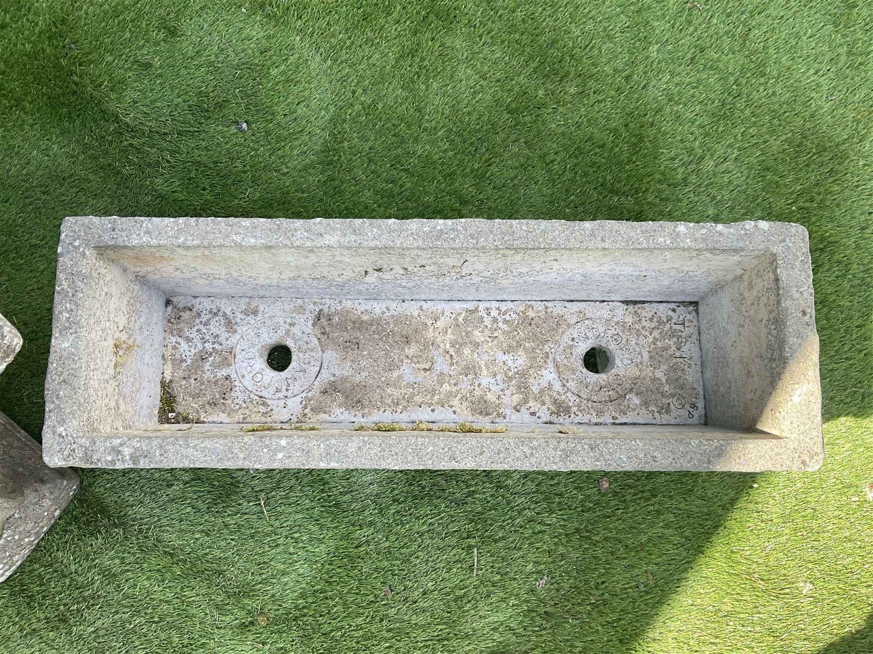 Cast stone garden bench, and two rectangular planters on plinths - THIS LOT IS TO BE COLLECTED BY APPOINTMENT FROM DUGGLEBY STORAGE, GREAT HILL, EASTFIELD, SCARBOROUGH, YO11 3TX
