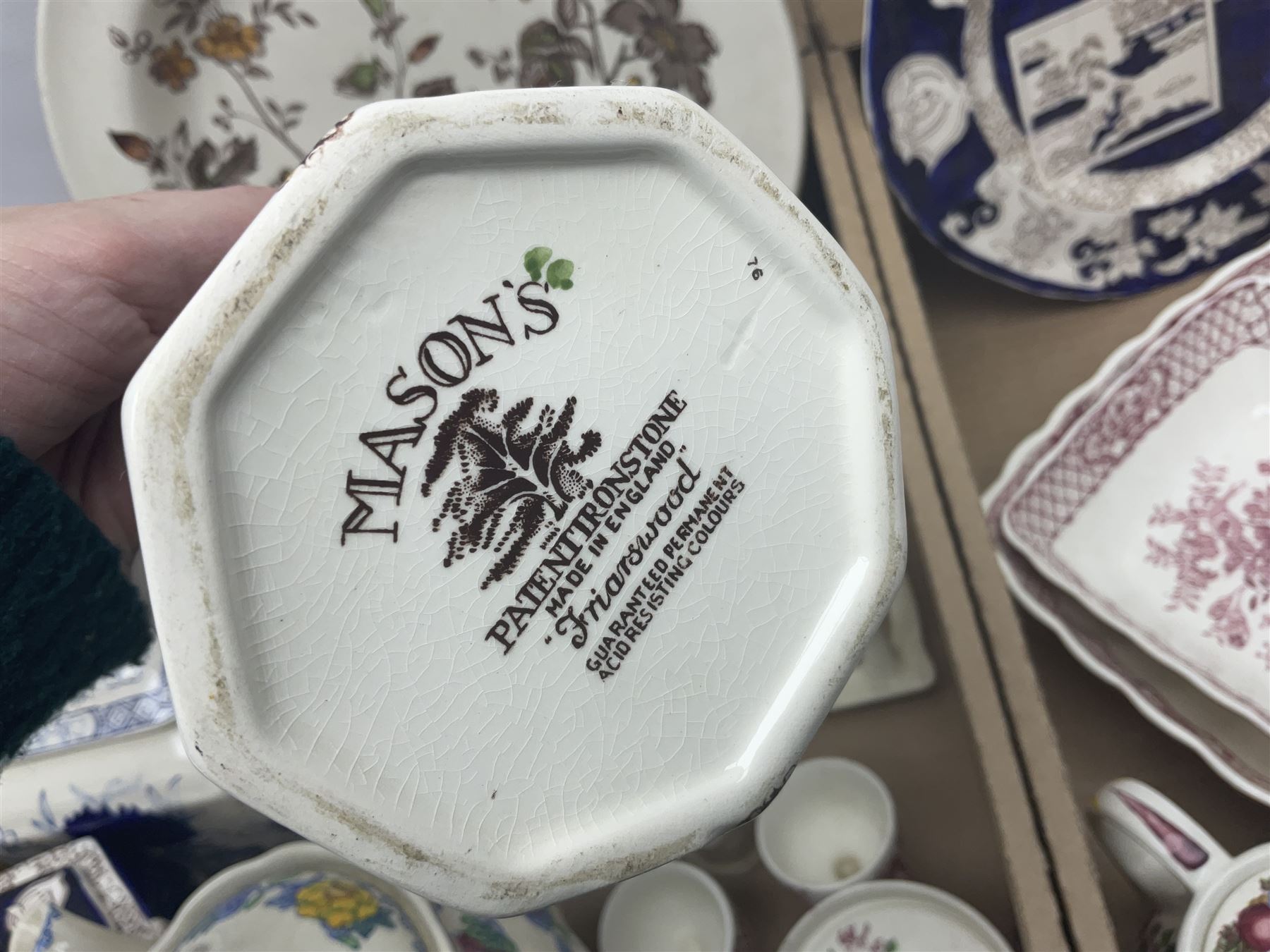 Masons Ironstone ceramics, including Double Landscape pattern plate and jar and cover, Fruit Basket pattern tea pots, etc, in two boxes
