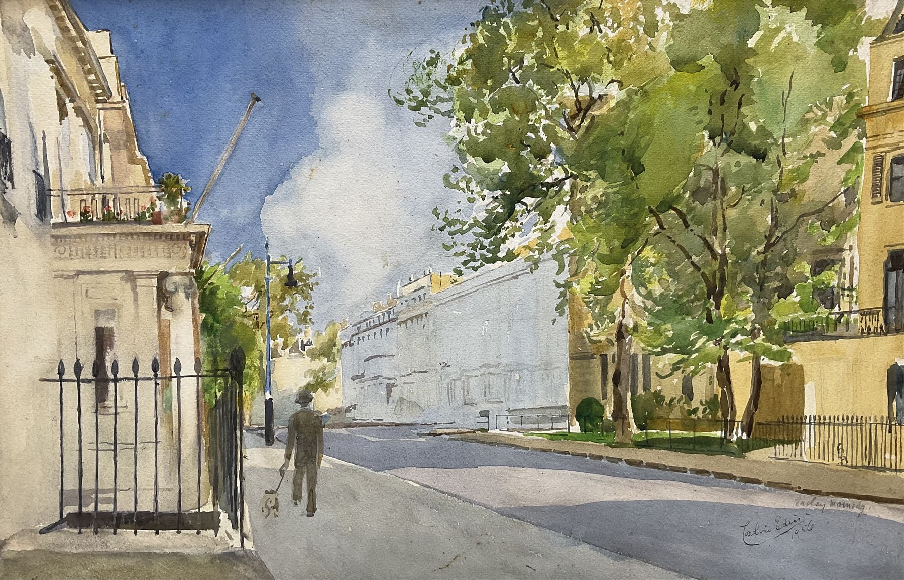 Caroline M Ediss (British early 20th century): Belgravia 'The Entrance to Belgrave Square', watercolour signed and dated 1956, titled verso 32cm x 49cm (unframed)