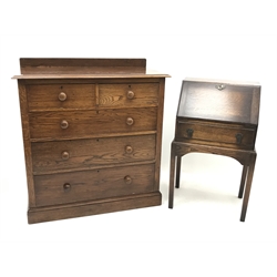  Early 20th century oak chest, raised back, two short and three long drawers, plinth base (W107cm, H115cm, D52cm) and a small oak bureau, fall front, single drawer (W61cm, H102cm, D41cm) (2)  