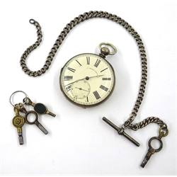  19th century Swiss silver pocket watch, key wound by J. Nelson Geneva no 27602 stamped Fine Silver with silver T bar watch chain hallmarked and keys  