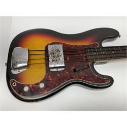 Early 1960s American Fender Precision electric bass guitar with original three-tone sunburst finish and faux tortoiseshell scratch plate; rosewood fretboard; all original fittings including chromium plated bridge and pick-up covers, finger rest, 'pots' and machines, dated on end of neck 5NOV62C, serial no.91625; L115cm overall; in Selmer simulated reptile skin covered carrying case. Sold with non-transferrable CITES A10 licence, certificate no.23GBA10CNKKEB, serial no.441200, dated 30th August 2023. Also included are original 1960s photographs of the band 'The Rascals' and photocopies of newspaper cuttings advertising their forthcoming performances along with a photocopy of a photograph of their television appearance on 'Opportunity Knocks' in 1967/8 (coming second to Mary Hopkins). In addition there is a reel-to-reel tape recording and USB stick of the band playing and two sheets of biographical information. Auctioneer's Note: The guitar was ordered by Trevor Parker from Pat Cornell's Music Shop, Spring Bank, Hull and imported from the USA in 1962, well before it was available in the UK. Trevor was the bass guitarist of The Rascals from Hull, later The Ides of March, who supported artists such as Elton John on the Hull circuit. Trevor played the guitar extensively until 1969 when The Rascals disbanded, he got married to Maureen and settled down to family life. Trevor sadly passed away in 2017, and after being in store for fifty-four years his widow has decided it is time for his guitar to be sold.