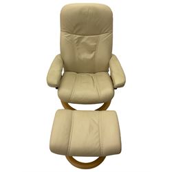 Ekornes - Stressless armchair upholstered in cream leather with matching footstool 