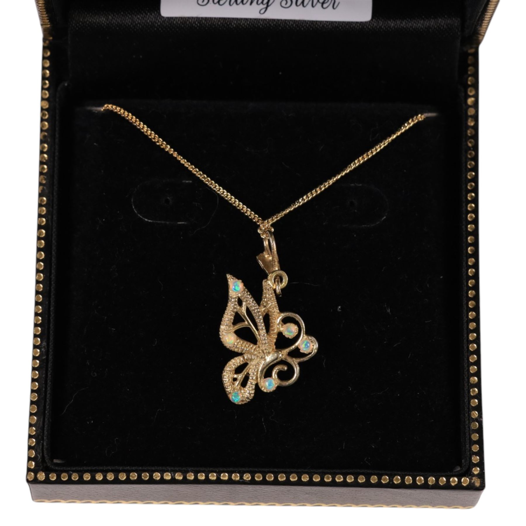 Silver and opal butterfly pendant necklace, boxed
