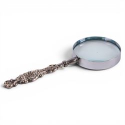 Silver compact mirror, silver handled magnifying glass and a silver-gilt bangle, all hallmarked