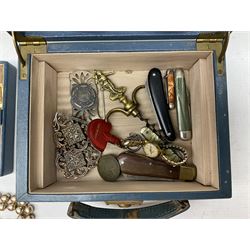 Small 9ct gold charm in the form of a pig, watch with 9ct gold back, and a selection of various costume jewellery, pen knives, corkscrew, buckle, etc., in jewellery box 