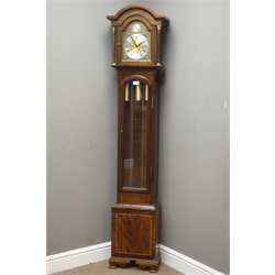  Reproduction mahogany longcase clock, stepped arch hood, gilt dial with silvered Roman chapter ring, plate 'Tempus Fugit', triple weight driven movement, quarter chiming on rods, H177cm  