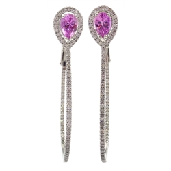  Pair of 18ct white gold pink sapphire and diamond cluster hoop ear-rings, hallmarked, sapphires approx 1.4 carat  